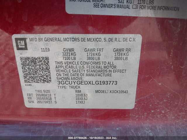 2020 CHEVROLET SILVERADO 1500 LTZ VIN: 3GCUYGEDXLG193773
