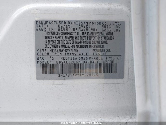 2019 NISSAN SENTRA SV VIN: 3N1AB7AP9KY370765