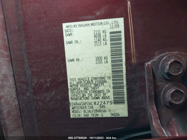 2010 NISSAN MAXIMA 3.5 SV W/SPORT PKG VIN: 1N4AA5AP2AC822475