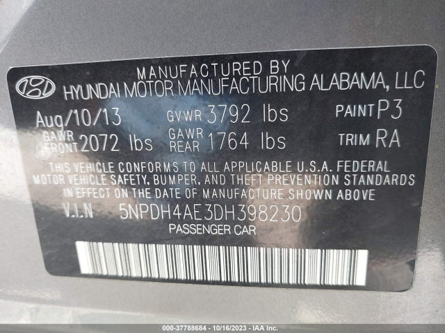 2013 HYUNDAI ELANTRA GLS VIN: 5NPDH4AE3DH398230