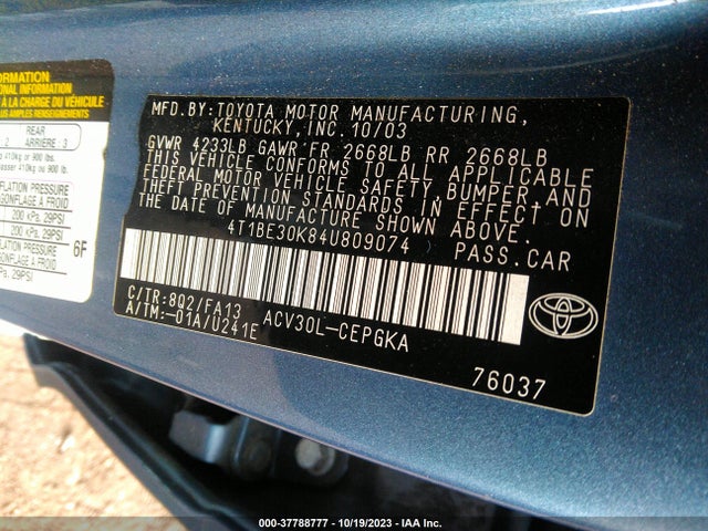 2004 TOYOTA CAMRY LE/SE/XLE VIN: 4T1BE30K84U809074