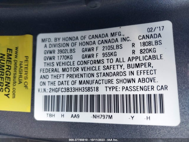2017 HONDA CIVIC EX-T VIN: 2HGFC3B33HH358518