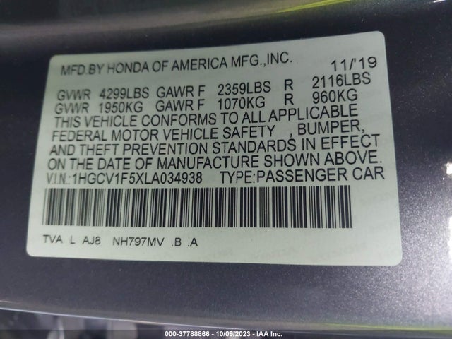2020 Honda Accord Sedan Ex-l მანქანა იყიდება აუქციონზე, vin: 1HGCV1F5XLA034938, აუქციონის ნომერი: 37788866