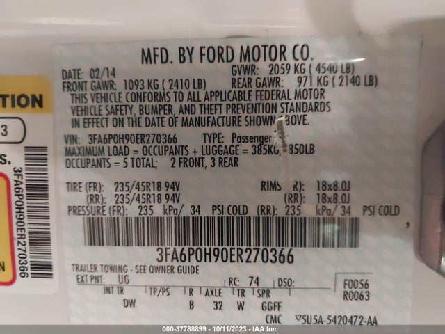 Ford FUSION SE 2014 3FA6P0H90ER270366 Image 9