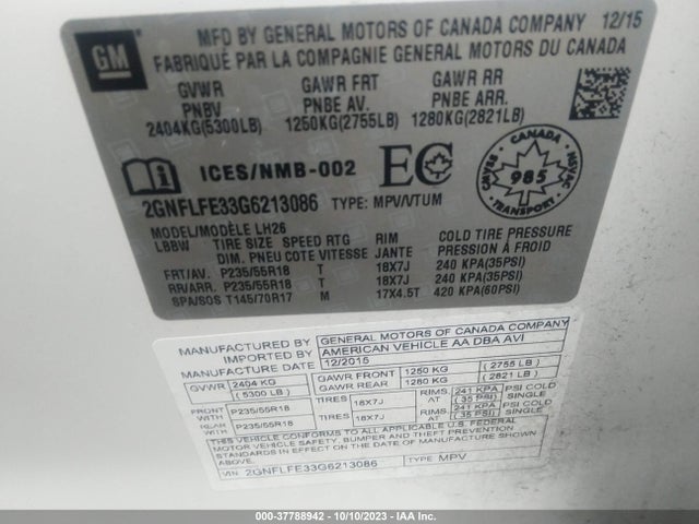 Chevrolet EQUINOX LT 2016 2GNFLFE33G6213086 Image 9