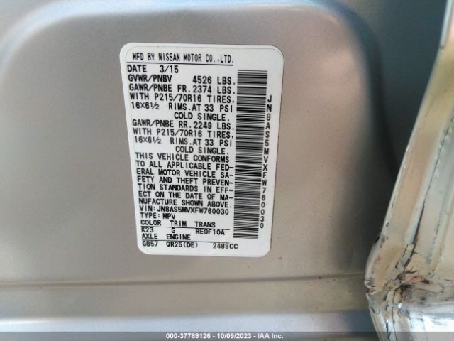 JN8AS5MVXFW760030 Nissan Rogue Select S