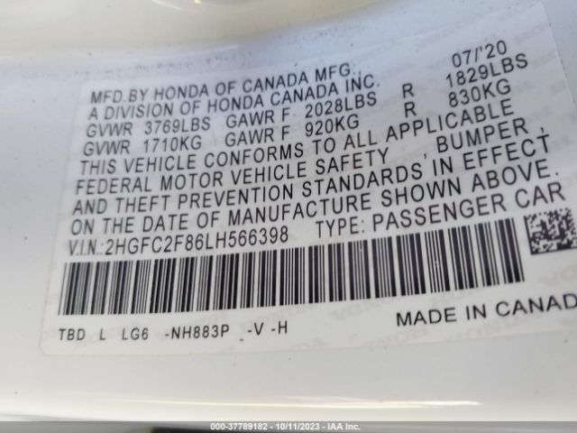 2HGFC2F86LH566398 Honda Civic Sedan Sport