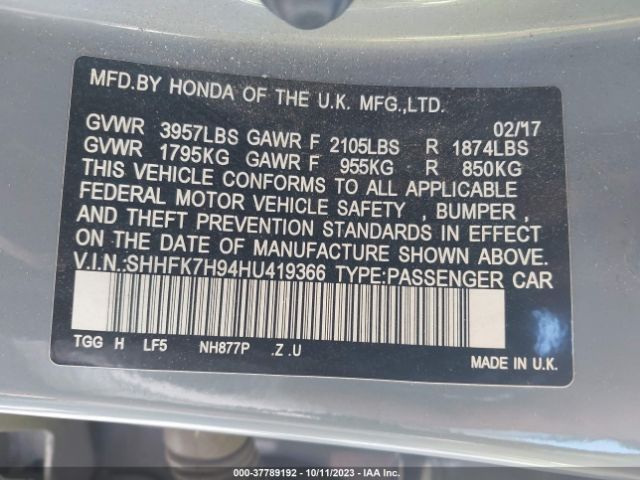 SHHFK7H94HU419366 Honda Civic Sport Touring