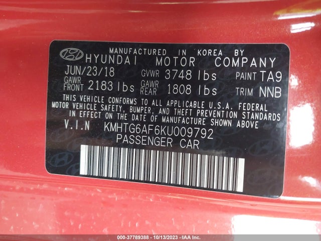 Hyundai Veloster 2.0 Premium 2019 KMHTG6AF6KU009792 Image 9