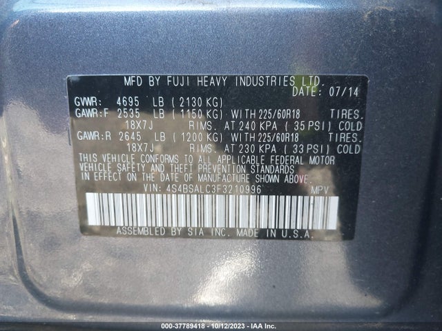 Subaru Outback 2.5i Limited 2015 4S4BSALC3F3210996 Image 9