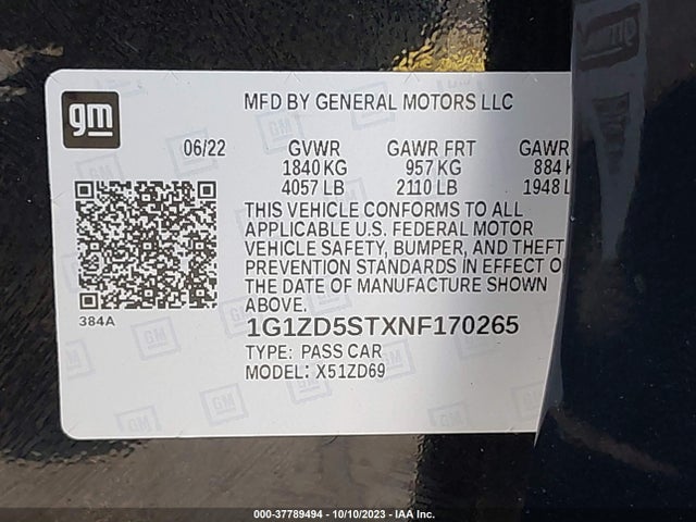 Chevrolet MALIBU LT 2022 1G1ZD5STXNF170265 Image 9
