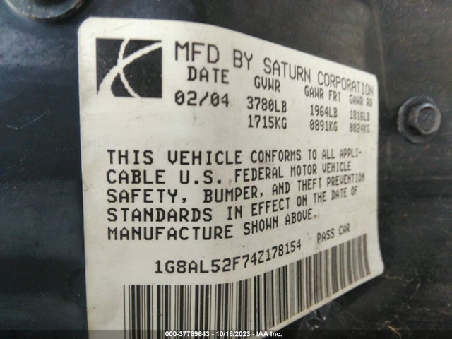 2004 SATURN ION ION 3 VIN: 1G8AL52F74Z178154