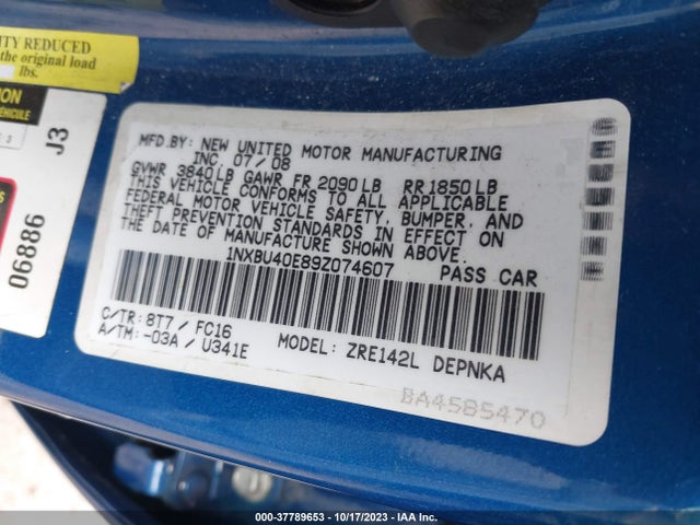 2009 TOYOTA COROLLA VIN: 1NXBU40E89Z074607