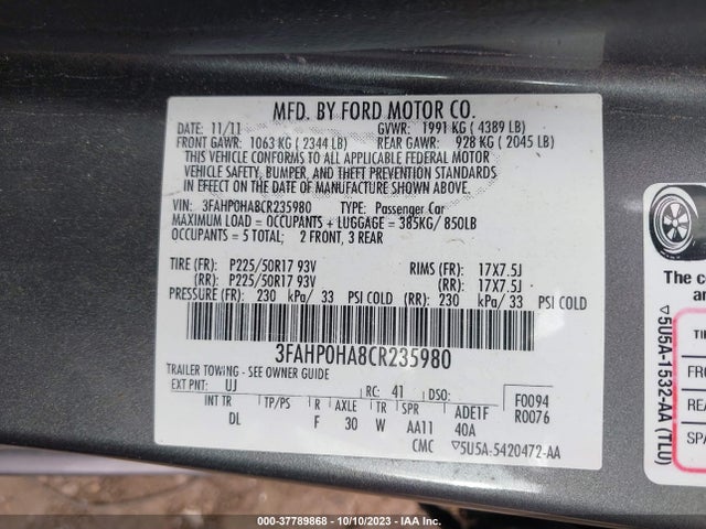 2012 FORD FUSION SE VIN: 3FAHP0HA8CR235980