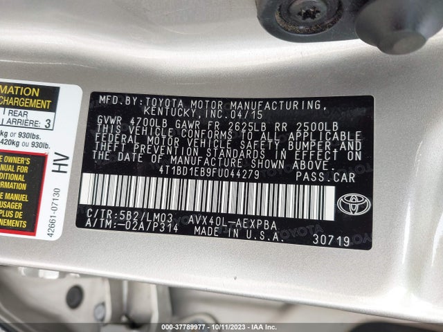 2015 TOYOTA AVALON HYBRID XLE TOURING/LIMITED VIN: 4T1BD1EB9FU044279