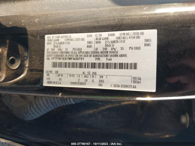 1FTFW1E87MFA50751 Ford F-150 Xl/xlt/lariat