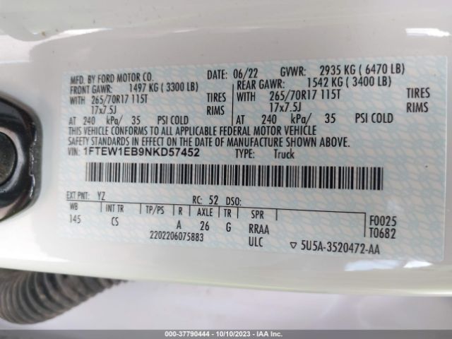 1FTEW1EB9NKD57452 Ford F-150 Xl/xlt