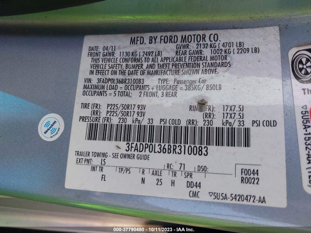 2011 FORD FUSION HYBRID VIN: 3FADP0L36BR310083