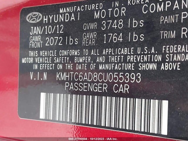 2012 HYUNDAI VELOSTER BASE W/RED/BLACK VIN: KMHTC6AD8CU055393