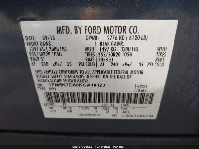 1FM5K7D80KGA10123 Ford EXPLORER XLT