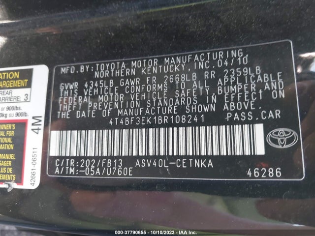 37790655 :رقم المزاد ، 4T4BF3EK1BR108241 vin ، 2011 Toyota Camry مزاد بيع