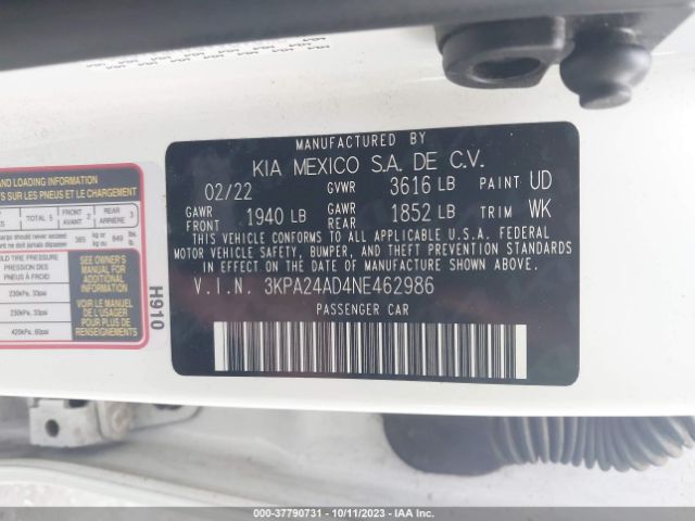 3KPA24AD4NE462986 KIA RIO S