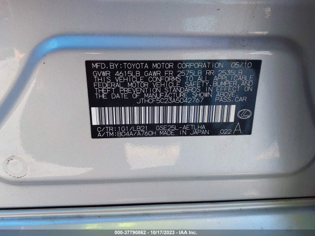 2010 LEXUS IS 250 VIN: JTHCF5C23A5042767