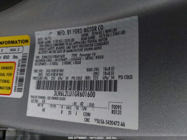 3LN6L2LU1GR601600 Lincoln MKZ HYBRID