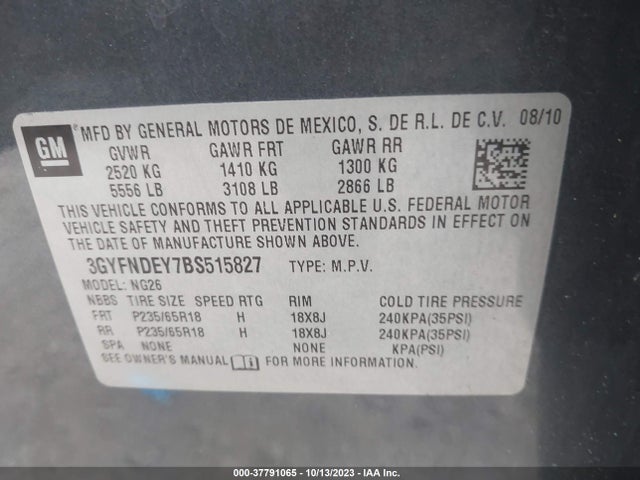 2011 CADILLAC SRX LUXURY COLLECTION VIN: 3GYFNDEY7BS515827