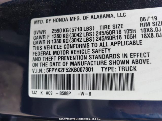 5FPYK2F52KB007801 Honda Ridgeline Rtl