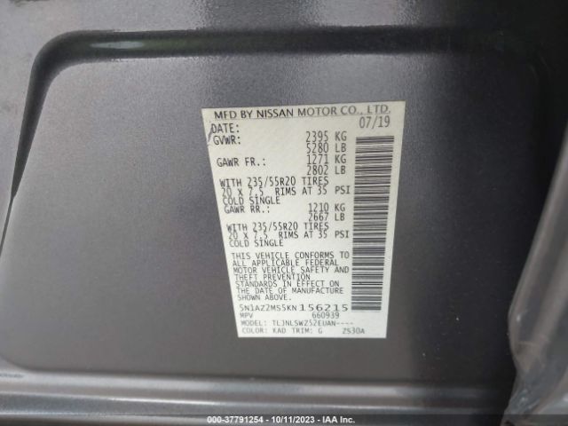 5N1AZ2MS5KN156215 Nissan Murano Platinum