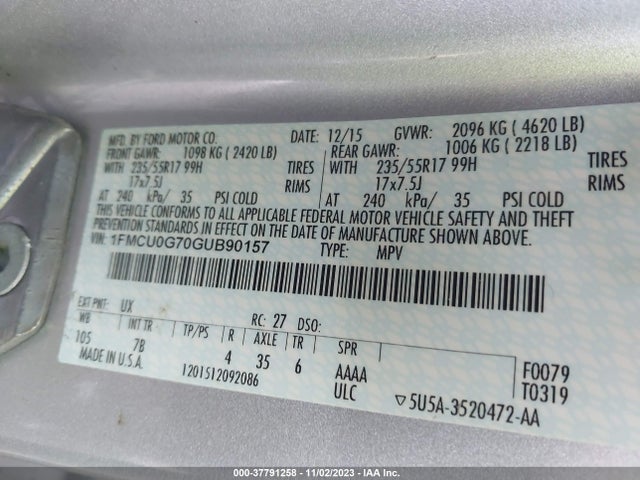 Ford ESCAPE SE 2016 1FMCU0G70GUB90157 Image 9