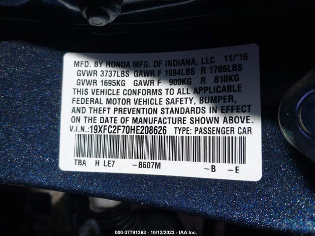 Honda Civic Sedan Ex 2017 19XFC2F70HE208626 Image 9