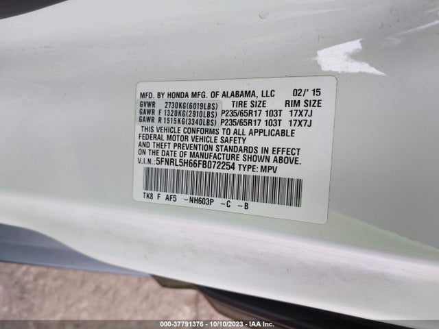 2015 HONDA ODYSSEY EX-L VIN: 5FNRL5H66FB072254