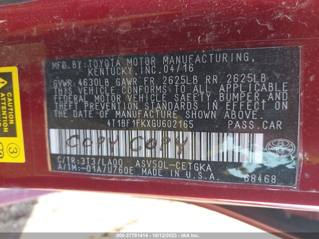 Toyota CAMRY XLE 2016 4T1BF1FKXGU602165 Image 9