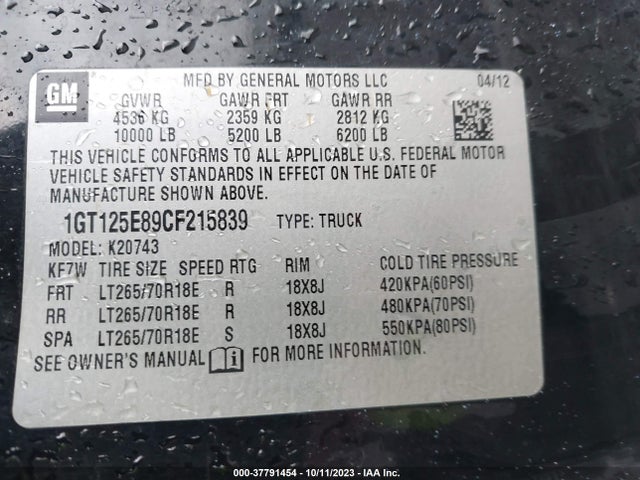 2012 GMC SIERRA 2500HD DENALI VIN: 1GT125E89CF215839