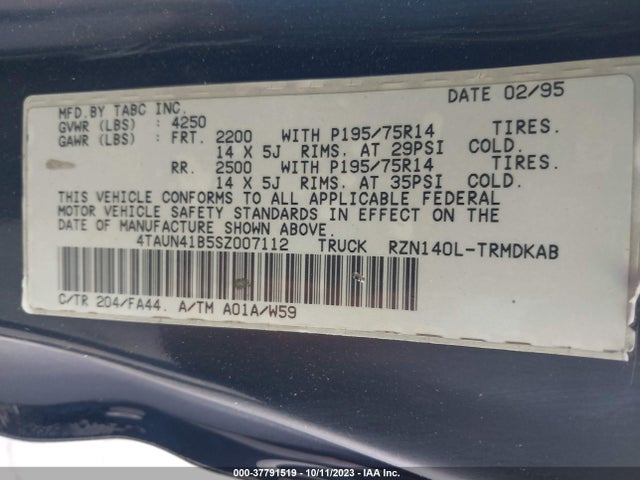 1995 TOYOTA TACOMA VIN: 4TAUN41B5SZ007112