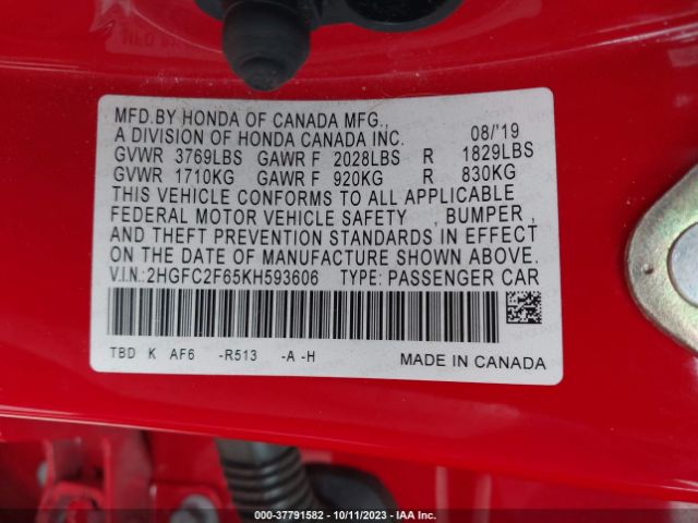 2HGFC2F65KH593606 Honda Civic Sedan Lx