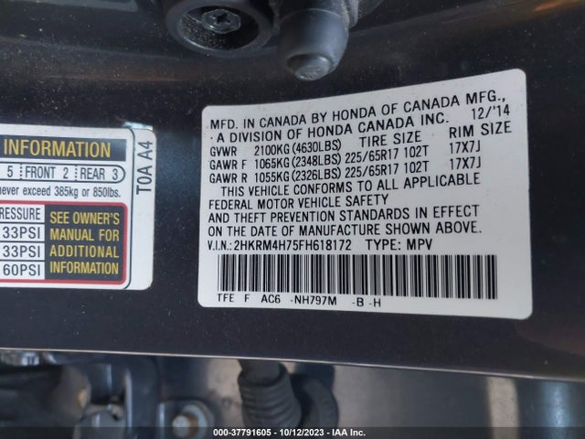 Honda Cr-v Ex-l 2015 2HKRM4H75FH618172 Image 9