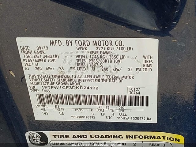 2013 FORD F-150 XLT VIN: 1FTFW1CF3DKD24102