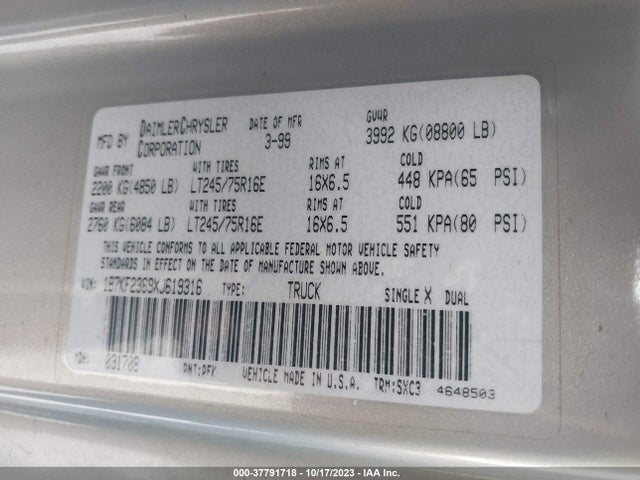 1999 DODGE RAM 2500 VIN: 1B7KF2369XJ619316