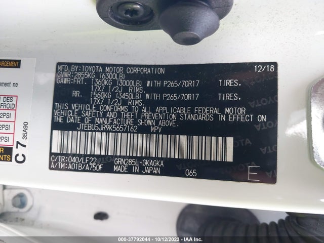 2019 TOYOTA 4RUNNER SR5 VIN: JTEBU5JR9K5657162