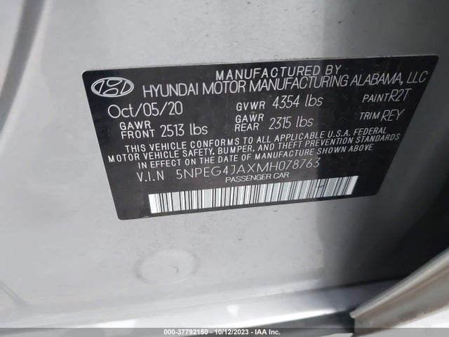 2021 HYUNDAI SONATA SE VIN: 5NPEG4JAXMH078763
