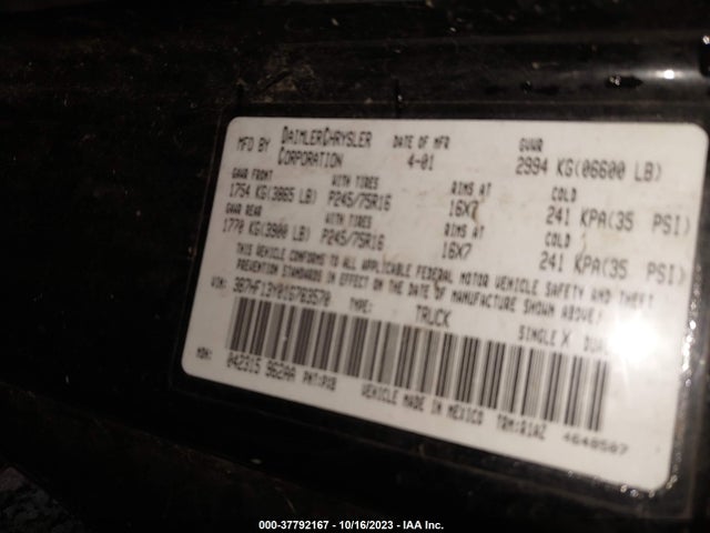 2001 DODGE RAM 1500 ST VIN: 3B7HF13Y01G783570