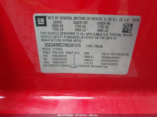 2017 CHEVROLET SILVERADO 1500 LT VIN: 3GCUKREC7HG287475