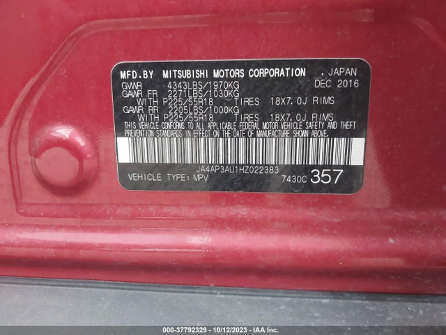 JA4AP3AU1HZ022383 Mitsubishi Outlander Sport 2.0