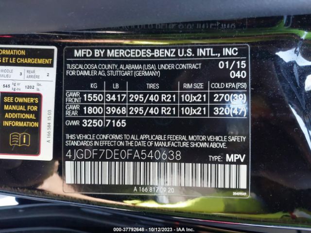 4JGDF7DE0FA540638 Mercedes-Benz Gl-class Gl 550