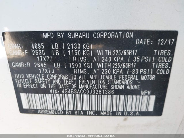 2018 Subaru Outback Premium მანქანა იყიდება აუქციონზე, vin: 4S4BSACC0J3281386, აუქციონის ნომერი: 37792651