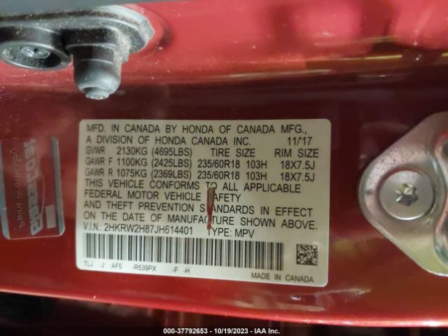 2HKRW2H87JH614401 Honda Cr-v Ex-l