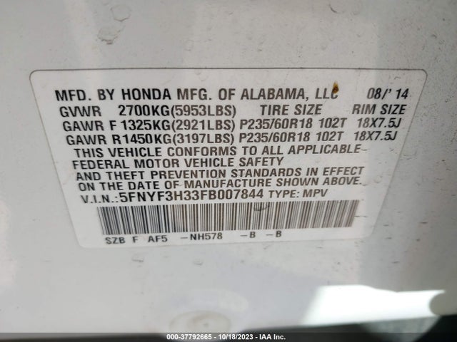 Honda PILOT SE 2015 5FNYF3H33FB007844 Image 9